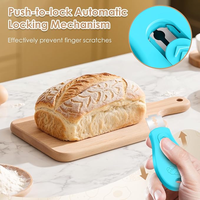 Bread Lame Sourdough Scoring Tool, Extractable & Magnetic Bread Scoring Tool, Scoring Knife for Bread Baking, Bread Razor for Homemade Bread, Sourdough Scorer Tool, Includes 5 Razor Blades-Beige+Blue