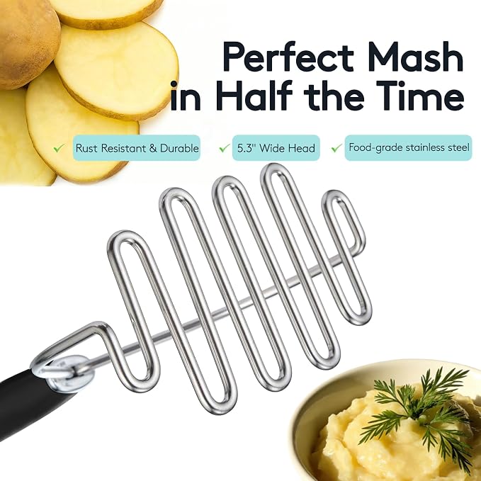 Potato Masher, 10.2 Inch Heavy Duty Stainless Steel Wire Build, Ergonomic Handle, Reinforced Durable Design for Effortless Mashing, Food Grade Dishwasher Safe Kitchen Tool, Black