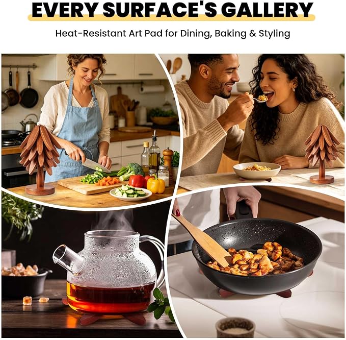 Wood Foldable Tree Trivets for Hot Dishes/Pot/Bowl/Teapot/Hot Pot Holders, Gifts for Family/Friends, Cute and Practical Kitchen Decorations(Smooth- 4Pcs)