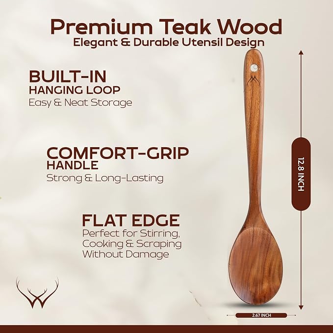 Teak Wooden Spoon for Cooking With Teak Spoon Rest - Made of Premium Natural Teak Wood