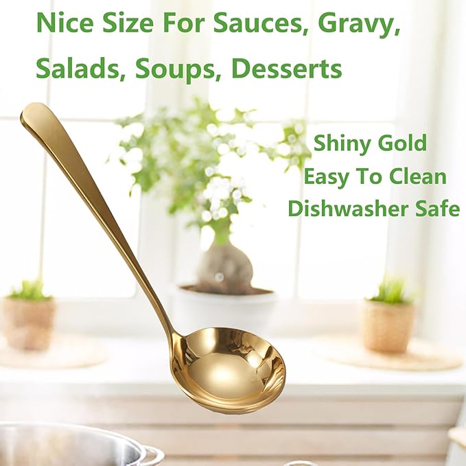 Asanta 2 PCS Small Soup Ladle, 7.7 Inch Sauce ladle, Durable 304 Stainless Steel Gravy Ladle Spoon, Mini Kitchen Serving Ladles for Sauces, Gravy, Salads, Soups, Desserts (Gold)