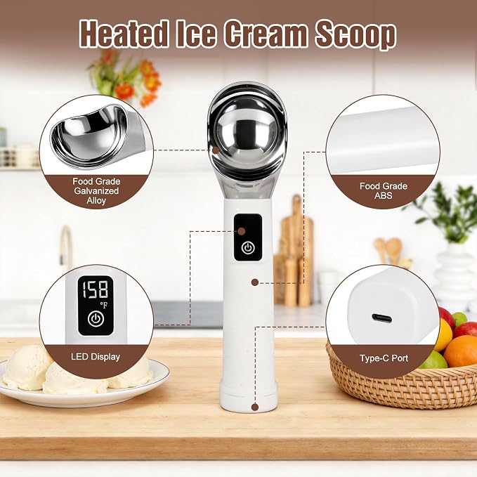 Heated Ice Cream Scoop Heat Up to 158°F, 5000mAh Battery | Rechargeable Electric Ice Cream Scooper with Digital LED Display, for Scooping Hard Ice Cream, Frozen Yogurt