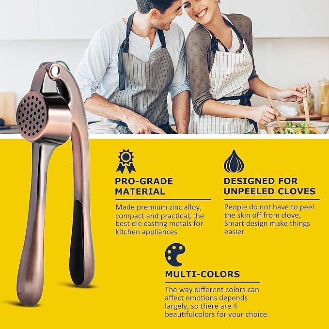 Premium Garlic Press Stainless Steel - Elevate Your Culinary Experience with Our Premium Garlic Mincer, Crusher & Peeler Set, Dishwasher Safe & Rust-proof (Bronze)