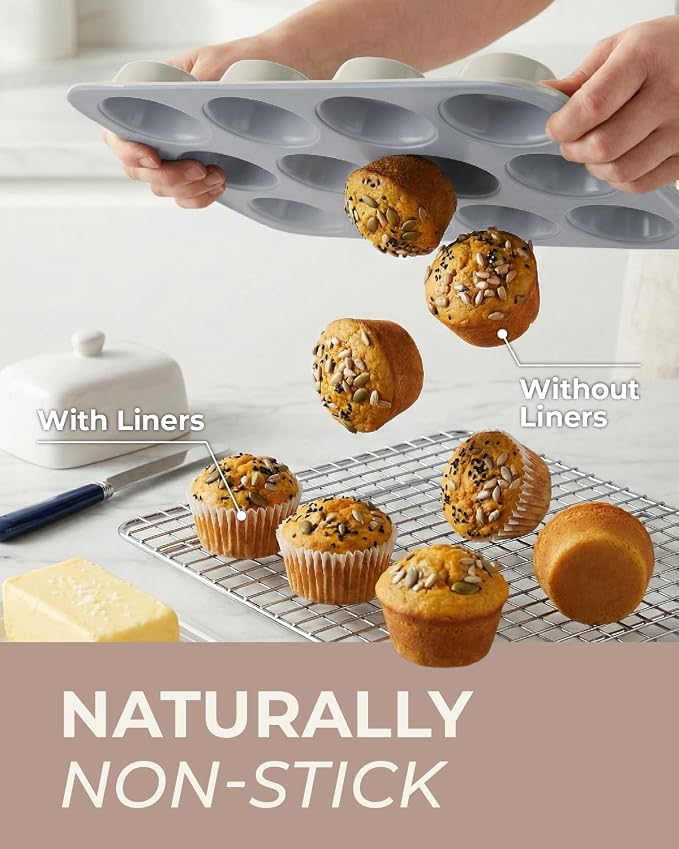 CARTMAN 2-Pack Ceramic Muffin Pan 12 Cup with 200 Cupcake Liners, Non-Stick & Non-Toxic Baking Tin for Healthy Muffins and Cupcakes, Perfect for Home Kitchens and Parties