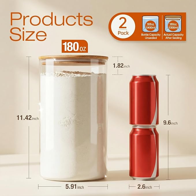 HomArtist Large Glass Flour and Sugar Containers 180oz x2 [Set of 2], Glass Food Storage Containers with Bamboo Lids, Glass Jar with Airtight Lids for Spaghetti Pasta,Rice,Cereal,Candy,Coffee, Oat | 180 oz Airtight Jars for Pantry & Kitchen, Durable Bo...