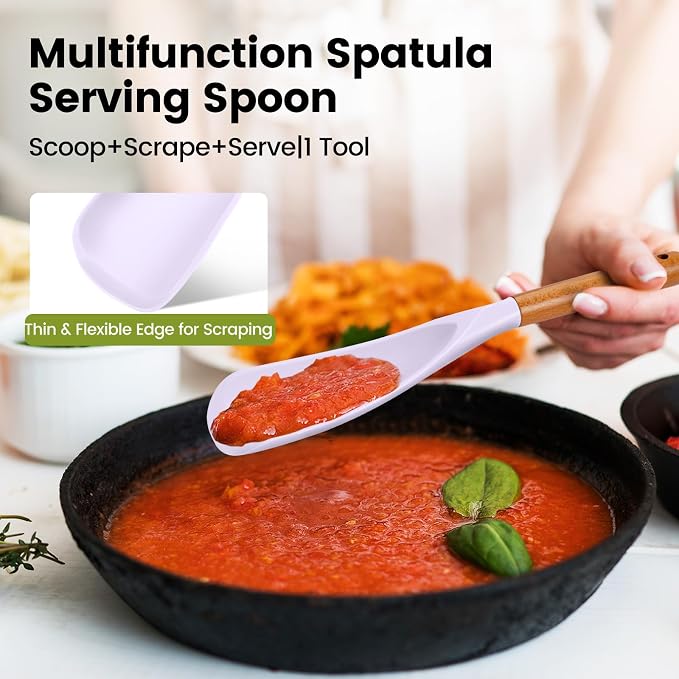 Large Silicone Cooking Spoons Set, 2 Pcs Heat Resistant Serving Spoon, Multifunction Nonstick Spatula Spoon for Mixing, Stiring, Basting, Scooping,Scraping (Lilac Dream)