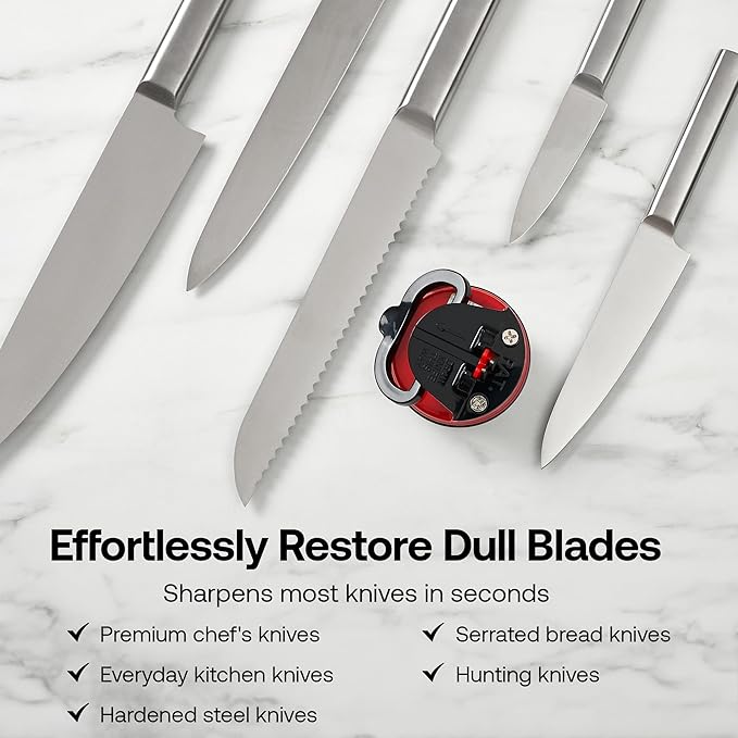 AnySharp – Global – Hands Free Knife Sharpener - Easy to Use Sharpening Tool with PowerGrip Suction Base and 20-Degree Pre-Set Angle - for All Knives: Chef's, Serrated, and Hardened Steel - Red