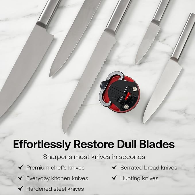 AnySharp – Editions – Hands Free Knife Sharpener - Easy to Use Sharpening Tool with PowerGrip Suction Base and 20-Degree Pre-Set Angle - for All Knives: Chef's, Serrated, and Hardened Steel - Red