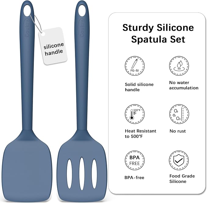 Coukre 2 Pack Silicone Spatula Set, High Heat Resistant, BPA Free Kitchen Spatula, Solid & Slotted Turner for Non-Stick Pans, Sautéing, and Flipping (2, PureDarkBlue)