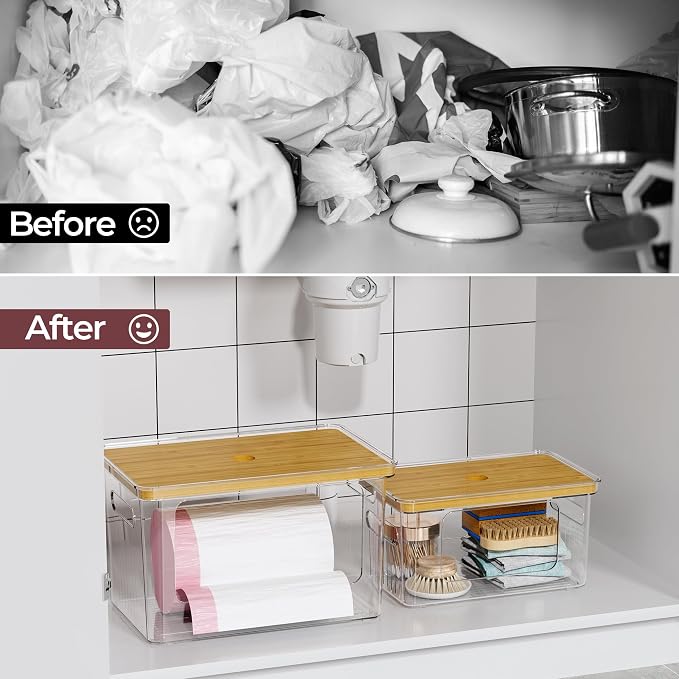 Delamu 2 Pack (XL+S) Trash Bag Dispenser, Stackable Garbage Bag Holder | Clear Acrylic Organizer Bins for Under Sink Organization, Pantry Storage, Cabinet, Kitchen, Laundry, Bathroom