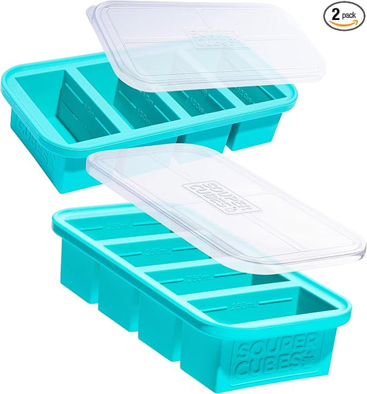 Souper Cubes 1 Cup Silicone Freezer Molds with Lids, Aqua, 2-Pack | 100% Platinum-Cured Silicone Food Mold, Oven and Microwave Safe, Perfect for Freezing Soup, Rice, Protein, Grains and More