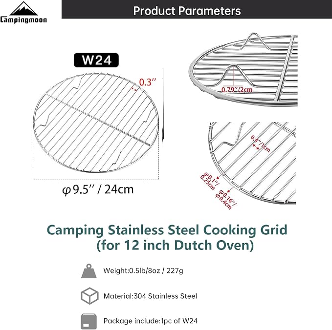Campingmoon 12 Inch Round Cooling Rack, 304 Stainless Steel for Dutch Oven | 4 Raised Feet 0.8", Rust-Resistant, for Baking, Steaming, Roasting, BBQ, Fits 12" Dutch Oven, Pot & Air Fryer