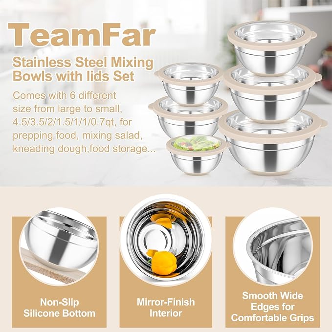 TeamFar Mixing Bowls Set of 6, Stainless Steel Salad Mixing Bowls with Visible Lids, Metal Nesting for Mixing Serving Prepping, Non-Slip & Airtight, 4.6/3.5/2/1.5/1/0.7 QT, Khaki