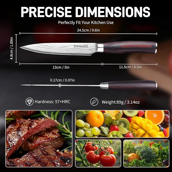 DiiHAUZZ Kitchen Utility Knife, 5 Inch Paring Knife, Ultra Sharp High Carbon Stainless Steel Chef Knife with Ergonomic Pakkawood Handle for Meat Cutting, Fruit Peeling and Vegetable Slicing