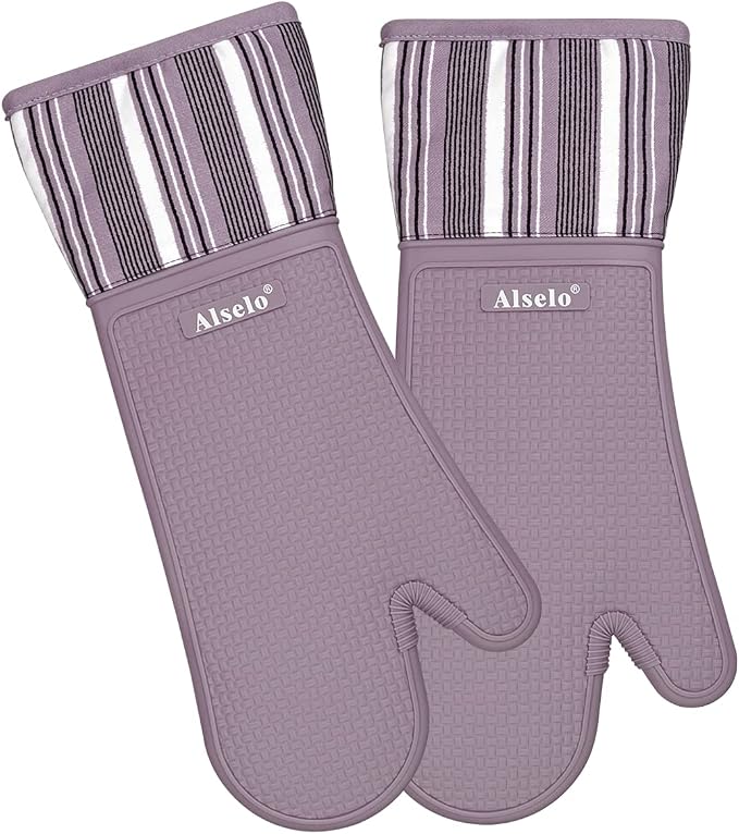 Alselo Silicone Oven Mitts Heat Resistant 550 Degree Extra Long Kitchen Gloves Pot Holders with Waterproof and Non-Silp for Baking Cooking Barbecue Microwave Machine Washable (Extra Long Purple, 2)
