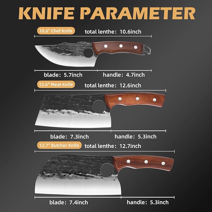 3 PCS Hand Forged Chef Knife Set, Meat Cleaver & Boning Knife | Includes Meat Cleaver & Viking Boning Knife, Ideal for Meat Cutting, Kitchen, BBQ & Camping