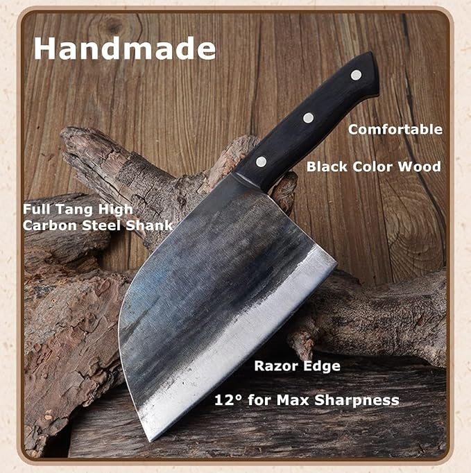 Dream Reach Forging Serbian Chef Knife Kitchen Chef Knives Full Tang High Carbon Clad Steel Almasi Butcher Cleaver with Leather Sheath Thanksgiving Gifts for Men Women (B-Almasi Knife)