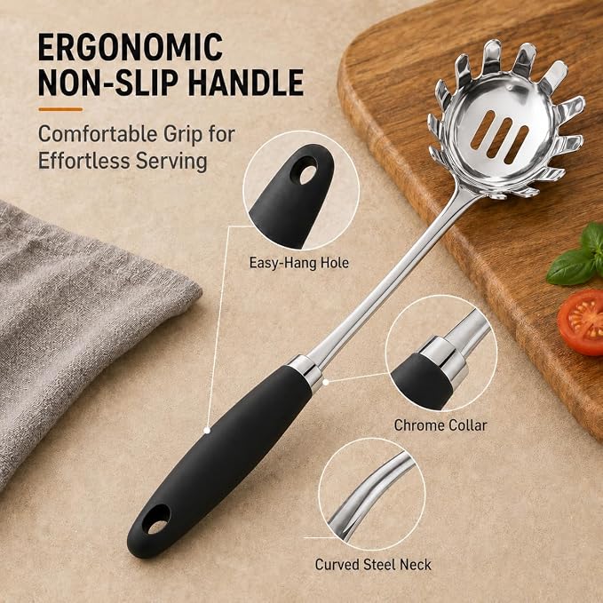 Stainless Steel Pasta Spoon, Spaghetti Server with Teeth, Metal Pasta Fork for Noodles, Linguine, Fettuccine and Macaroni, Dishwasher Safe