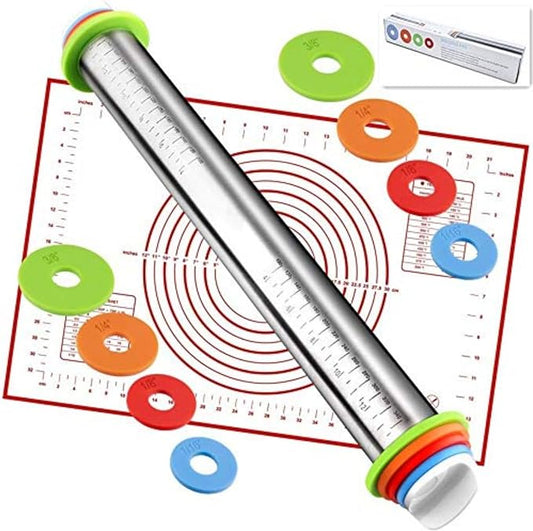 Adjustable Thickness Rings Rolling Pin & Silicone Baking Pastry Mat Set-Red | Stainless Steel Dough Roller,Baking Supplies for Cake Pop Cookie Fondant Pizza Cake Pasta