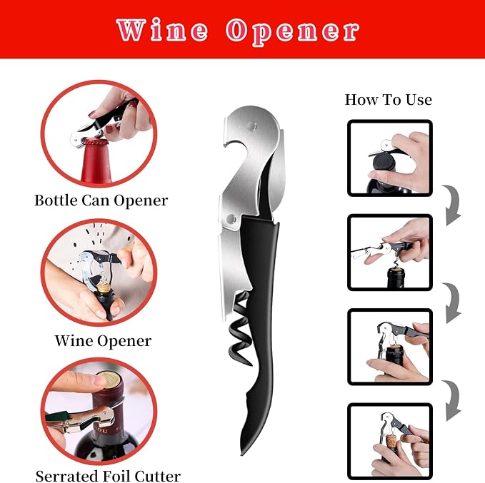 Bloss Jar Opener Can Opener Kitchen Grippers, Multi-use Lid Opener Set | Anti-skid Jar Openers for Weak hands, Seniors with Arthritis, Includes Non-slip Rubber Gripper Pad & Wine Opener, Black Red