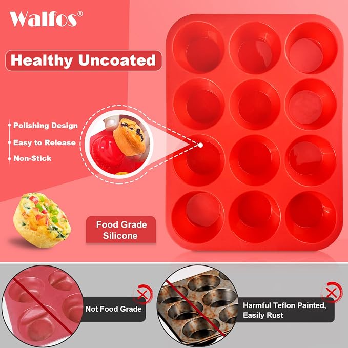 Walfos Silicone Muffin Pan - Set of 3, Including 24 Mini, 12 Regular & 6 Jumbo Muffin Pans, Easy Pop Out, BPA Free, Dishwasher Safe