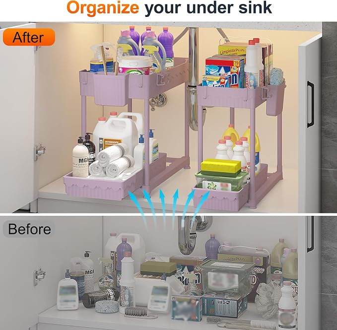 4-Pack 2-Tier Under Sink Organizer with Pull Out Drawers | Multi-use kitchen & bathroom storage. Includes hanging hooks and cups. Pink, space-saving cabinet design. 14.8 Inch