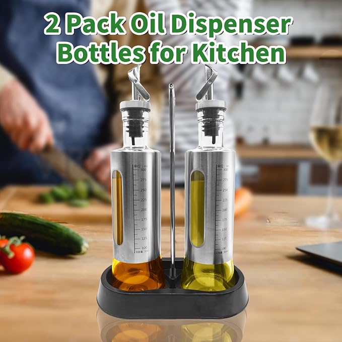 10oz/300 ml Oil and Vinegar Dispenser Set with Tray, 2 Pack Oil Dispenser | Vinegar and Sauce Bottle Wrapped in Stainless Steel Shell with Pourer and Funnel for Kitchen Cooking