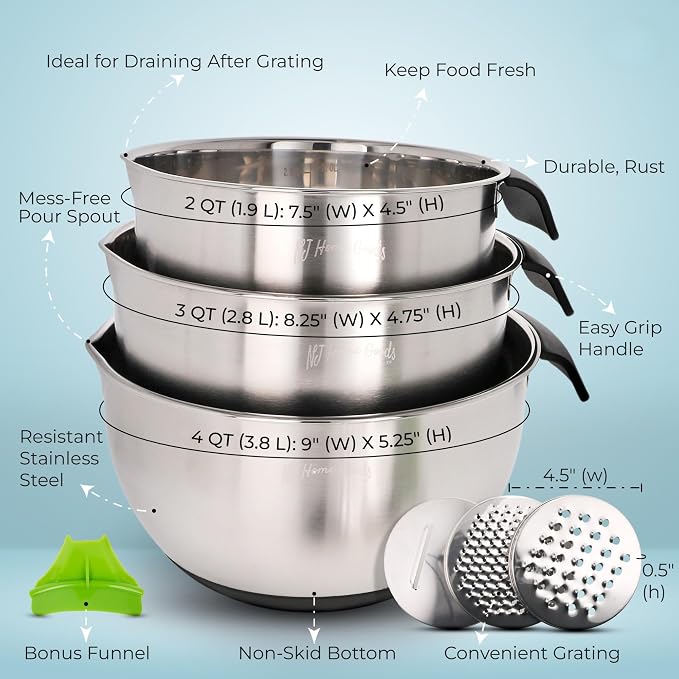 Homeware Stainless Steel Mixing Bowl With Lids Set Handles for Holidays: Gift Set For Kitchen With Pour Spout Non Slip Silicone Base On Bowls Strainer Graters For Kitchen