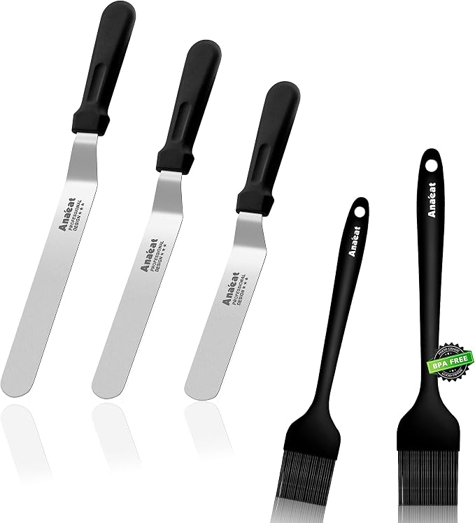Anaeat 6", 8", 10" Professional Stainless Steel Icing Spatulas Set of 3 & Anaeat 2 Pack Heat Resistant Silicone Basting Pastry Brushes