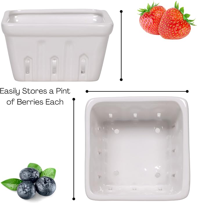 Zen People Ceramic Berry Basket | Reusable Stoneware Berry Bowls with Holes | Porcelain Fruit Colander | Strainer | Set of 2 Berry Boxes, White