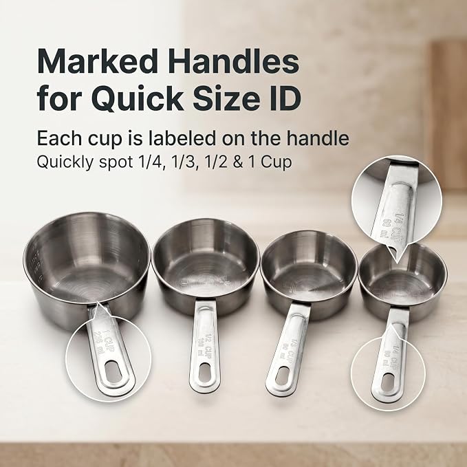 Stainless Steel Measuring Cups Set of 4, Nesting Metal Cups, Marked Handles | Includes 1/4, 1/3, 1/2 and 1 Cup; Stamped 1-Cup Interior Marks for Dry Ingredients, Flour, Sugar, Oats, Rice and Baking