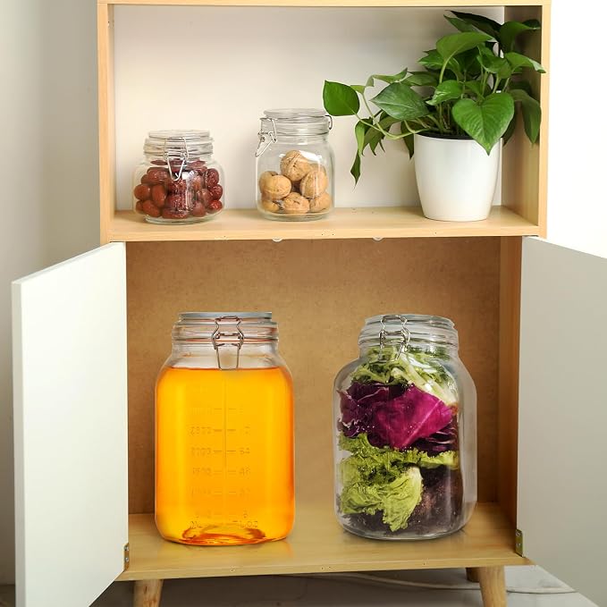 1.1 Gallon Large Glass Food Storage Jars with Airtight Lids,Set of 2 Square Wide Mouth Airtight Glass Storage Container,135oz Kitchen Mason Jar with Measurement Mark,for Flour Sugar Canning.