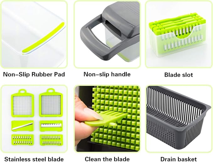 Vegetable Chopper with Container & Lid - 12-in-1 Adjustable Mandoline Slicer & Dicer for Kitchen | Effortless Food Prep for Potato, Carrot, Onion, Fruits & More | Easy to Clean & Store (Grey)