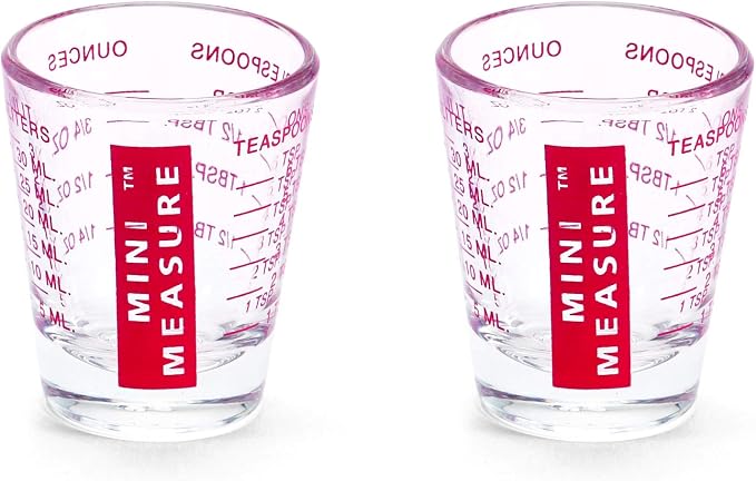 Kolder Mini Measure Multi-Purpose Shot Glass, Heavyweight Glass, Red, Set of 2, For Liquid And Dry Ingredients And Precise Recipe Prep