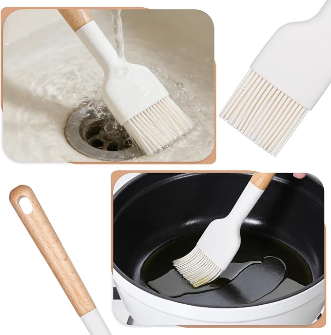 Silicone Basting Pastry Brushes, 2 Pcs Heat Resistant Pastry Brush with Wooden Handle, Oil Brush Food Cooking Brushes Kitchen Utensils for BBQ, Butter, Sauce, Marinade, Baking, Grill Dishwasher Safe