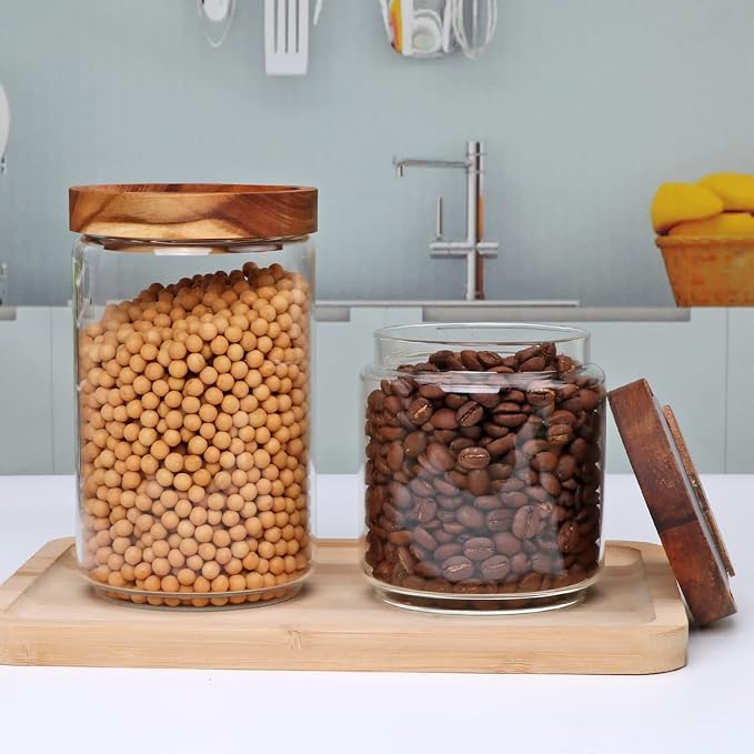Flrolove Glass Canisters With Wooden Lids, Kitchen Jars for Storage 5 Pack | Glass Food Storage Containers with Lids, Cereal Containers Storage Canisters for Coffee, Cookie, Pasta, Rice, Tea, Sugar