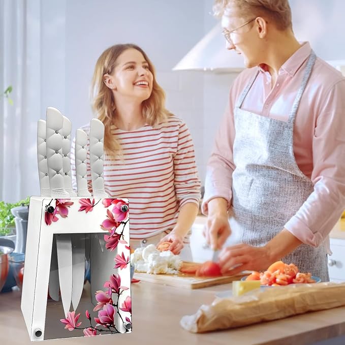 Kitchen Knife Set, White Flower 6PC Stainless Steel Sharp Chef Knife Set with Acrylic Stand, Cooking Non-slip Knife Set with Block, Non-stick Colorful Coating Gift for Women Girls (White)