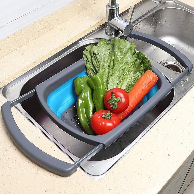 QiMH Collapsible Colander Set of 3-2 PC 4 Quart and 1 PC 6 Quart Over the Sink Colander - Food-Grade Sturdy Plastic Base - Round Space-save Silicone Kitchen Foldable Food Strainer
