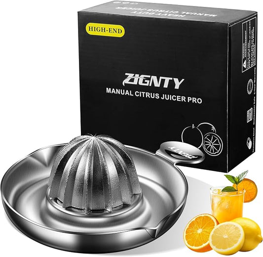 Lemon Squeezer Stainless Steel, Heavy Duty Manual Hand Juicer, Premium Citrus Reamer Juicer Rotation, Lime Orange Fruit Squeezer, 200ML Container 2 Pour Spouts, Dishwasher Safe（5-Year Warranty）