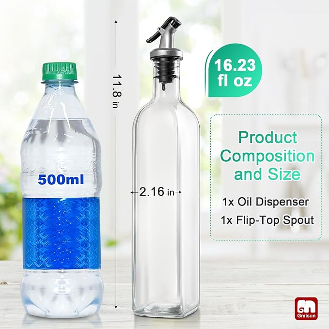 gmisun Oil Dispenser for Kitchen, Olive Oil Dispenser Bottle, Cooking Oil Dispenser Bottle, Oil and Vinegar Dispenser Set 1Pack, Glass Oil Container Cruet-Oil Pourer Spout