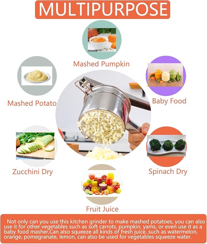 Mo&Bo Large 15oz Potato Ricer with 3 Interchangeable Discs,Heavy Duty Stainless Steel Sweet Potato Masher and Ricer Kitchen Tool,Ricer for Mashed Potatoes,Manual Press Fruit Juicers,Ergonomic Handle
