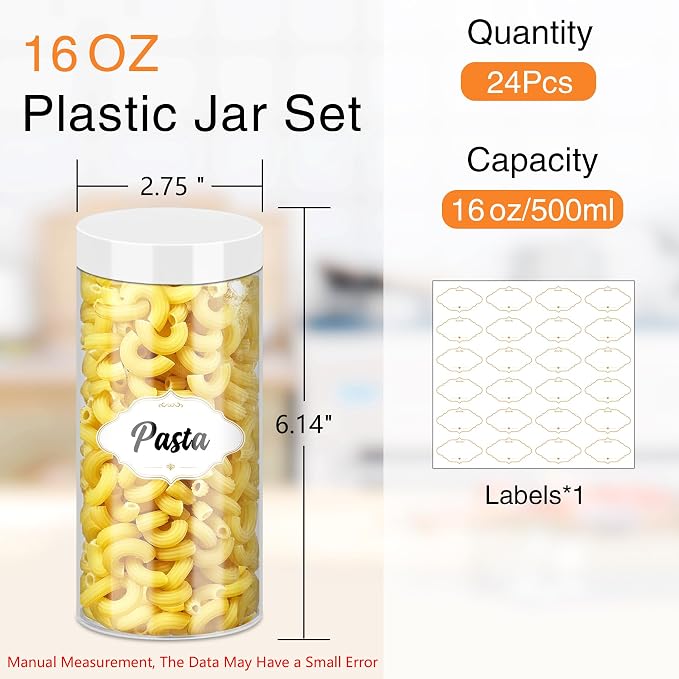 PeacePeo Plastic Jars with Lids 16 OZ, 24 Pack Clear Empty Jars | Large Size Clear Wide Mouth Storage Containers, Leakproof White Lids, Reusable Round Jars for Household Dry Food Storage