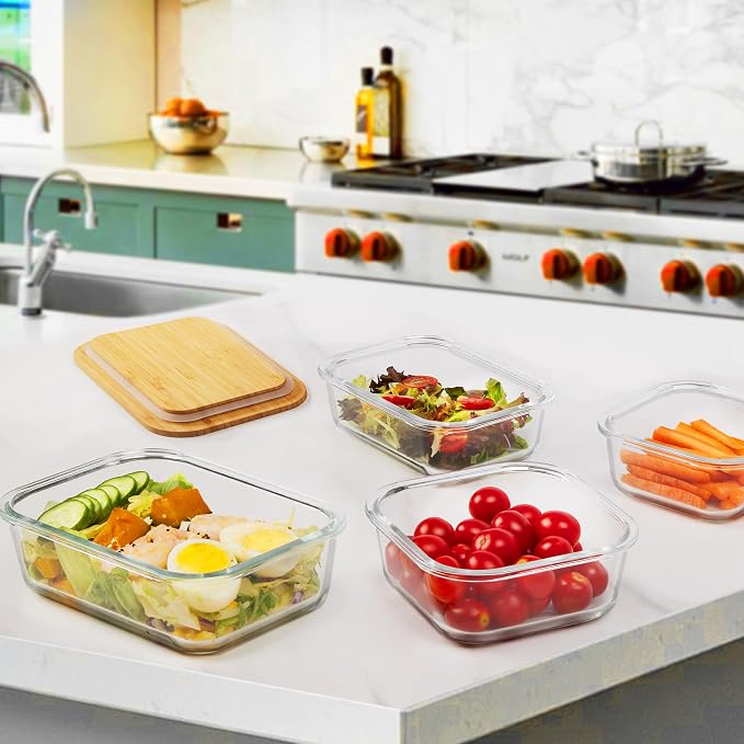 Vtopmart 4 Pack Glass Food Storage Containers with Bamboo Lids Meal Prep | Reusable Meal Prep Containers for Leftovers, Lunch & Kitchen Storage, Microwave, Oven, Freezer and Dishwasher Safe