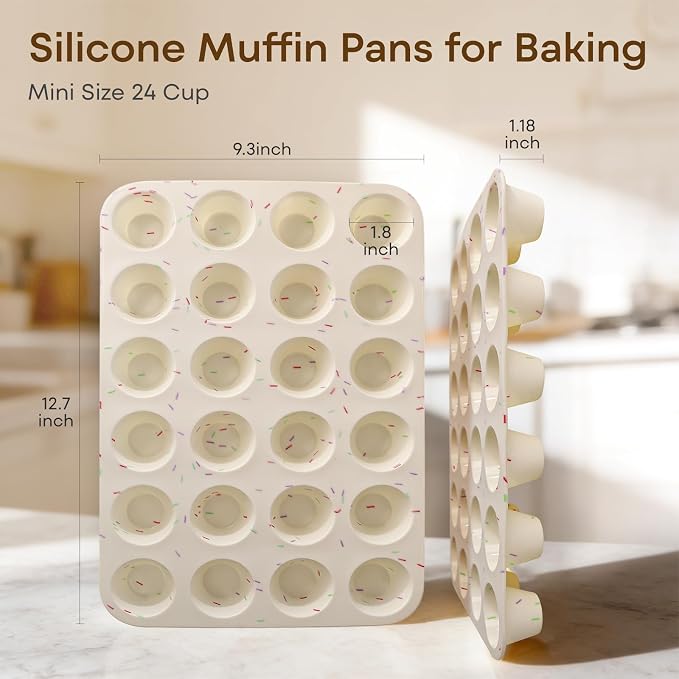 Silicone Mini Muffin Pan, 24 Cup Nonstick Mini Cupcake Pan 2Pcs | Food-Grade Silicone Muffin Tin, Oven Dishwasher Freezer Safe Silicone Molds for Home Baking DIY, Mini Cupcakes, Egg Bites