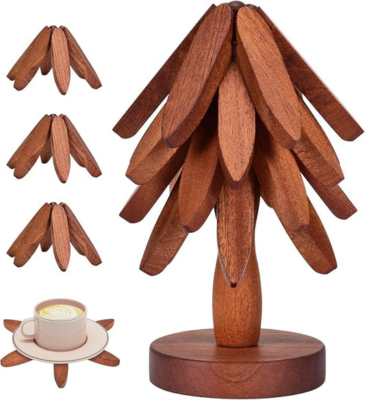 Wooden Trivets for Hot Dishes - Christmas Tree Coasters Set, Tree Shape Trivet With Stand, 4 Pieces + 1 Stand (Walnut Wood, 8.7)