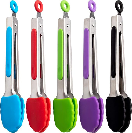 Kitchen Tongs Set 7-Inch Mini Small Tongs Heavy Duty Colorful Stainless Steel Silicone Cooking Tongs with Non-Stick Silicone Tips for Food, Serving, BBQ, Salad, Grilling and More (Multi-Color × 5)