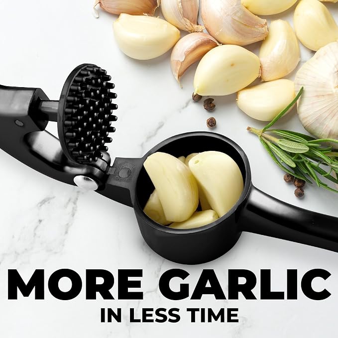 Zulay Kitchen Large Premium Garlic Press Set - Bigger Bowl for Bigger Garlic - Rust Proof Garlic Mincer Tool - Easy-Squeeze, Easy-Clean Silicone Garlic Peeler & Brush (Black)