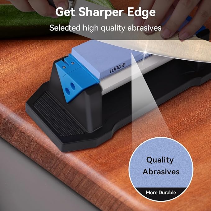Knife Sharpening Stone,tri stone knife sharpener,3 Sides Grit 400/1000/5000,Whetstone Knife Sharpener with Non-Slip Base, Angle Guide & Leather Strop, for Kitchen Knives and Pocket Knives