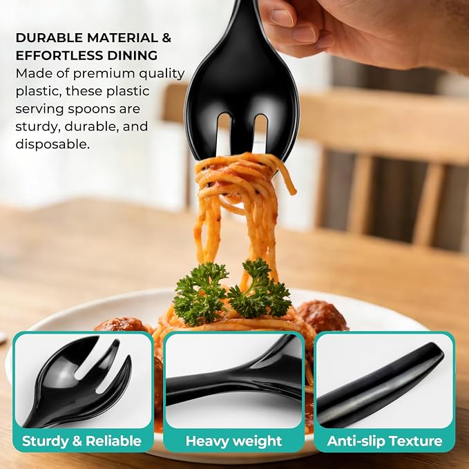 CXPSINC Disposable Plastic Serving Utensils Set 18-Piece, Including 6 Black Plastic Serving Spoons, 6 Tongs & 6 Forks, Disposable Serving Utensils For Catering Buffets Events (Black, 18pcs Utensils)