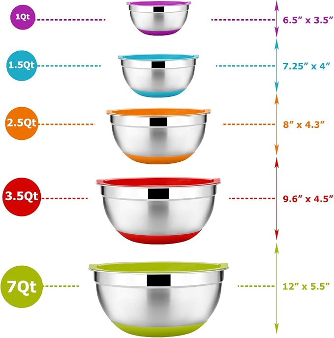 22-Piece Mixing Bowls with Lids & Accessories Set, E-far Stainless Steel Nesting Bowls with Colorful Covers & Non-Slip Bottoms, Metal Bowls for Cooking/Baking/Serving/Storage - Size 7/3.5/2.5/1.5/1 QT